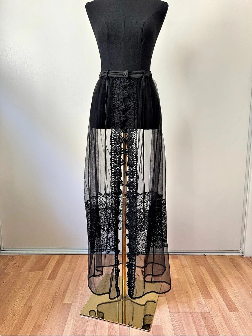 Black Lace Detail Sheer Maxi Skirt